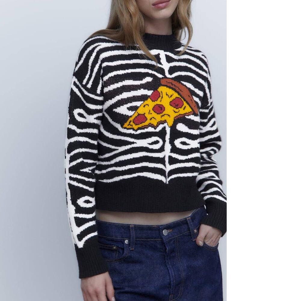 Zara Pizza Zebra Stripe Jacquard Knit Sweater